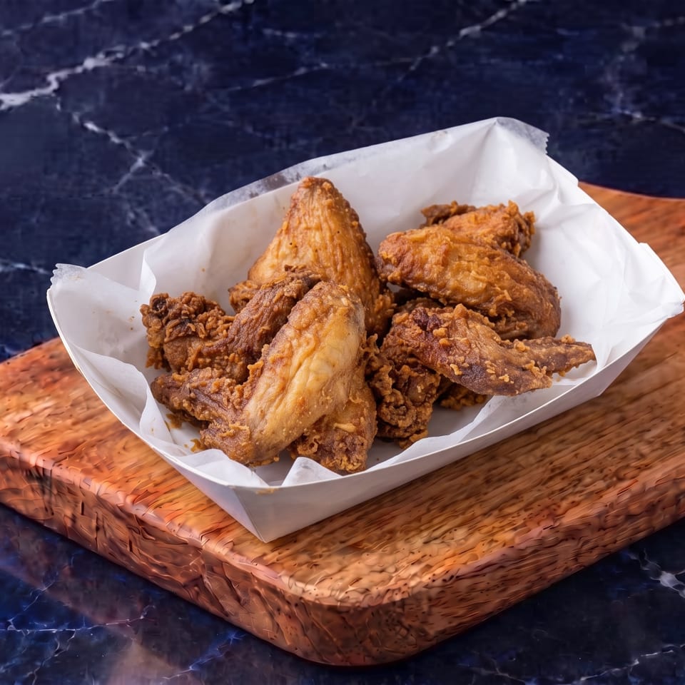 Basket of crispy fried chicken pieces served on parchment atop a wooden cutting board.
