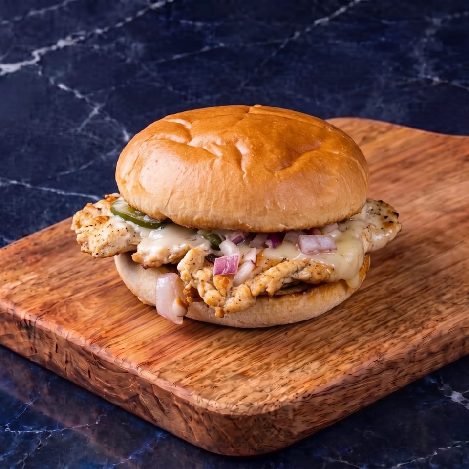 Chicken burger with melted cheese, onions, and green peppers on a wooden serving board.