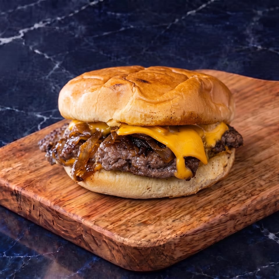 Cheeseburger with two beef patties, melted cheddar, and caramelized onions on a wooden serving board.